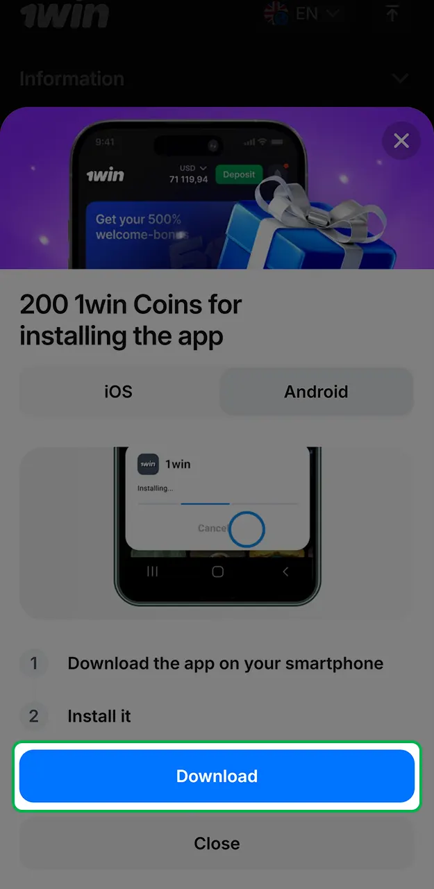 Choose the specific version of the 1Win app for Android devices.