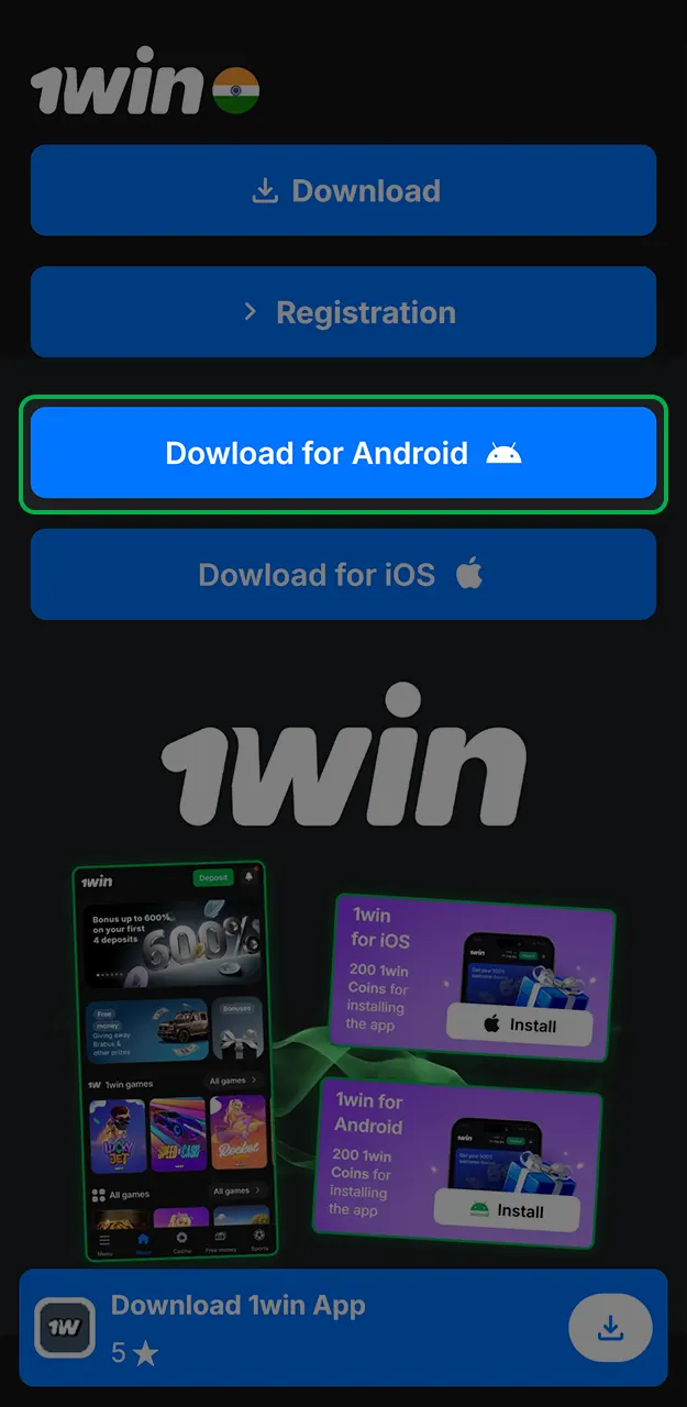 Click the link to save the 1Win Android app.