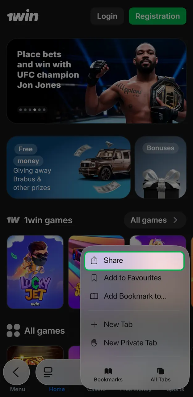 Open the browser menu to configure the 1Win iOS app shortcut.