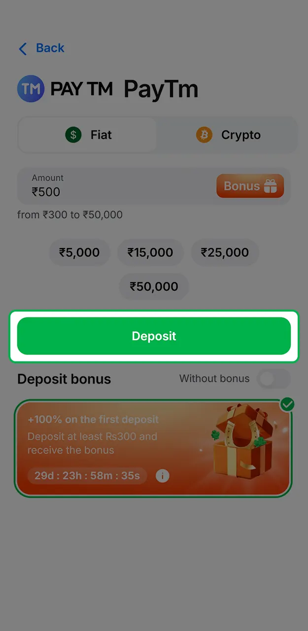 Verify your data and complete the 1Win deposit to start playing.