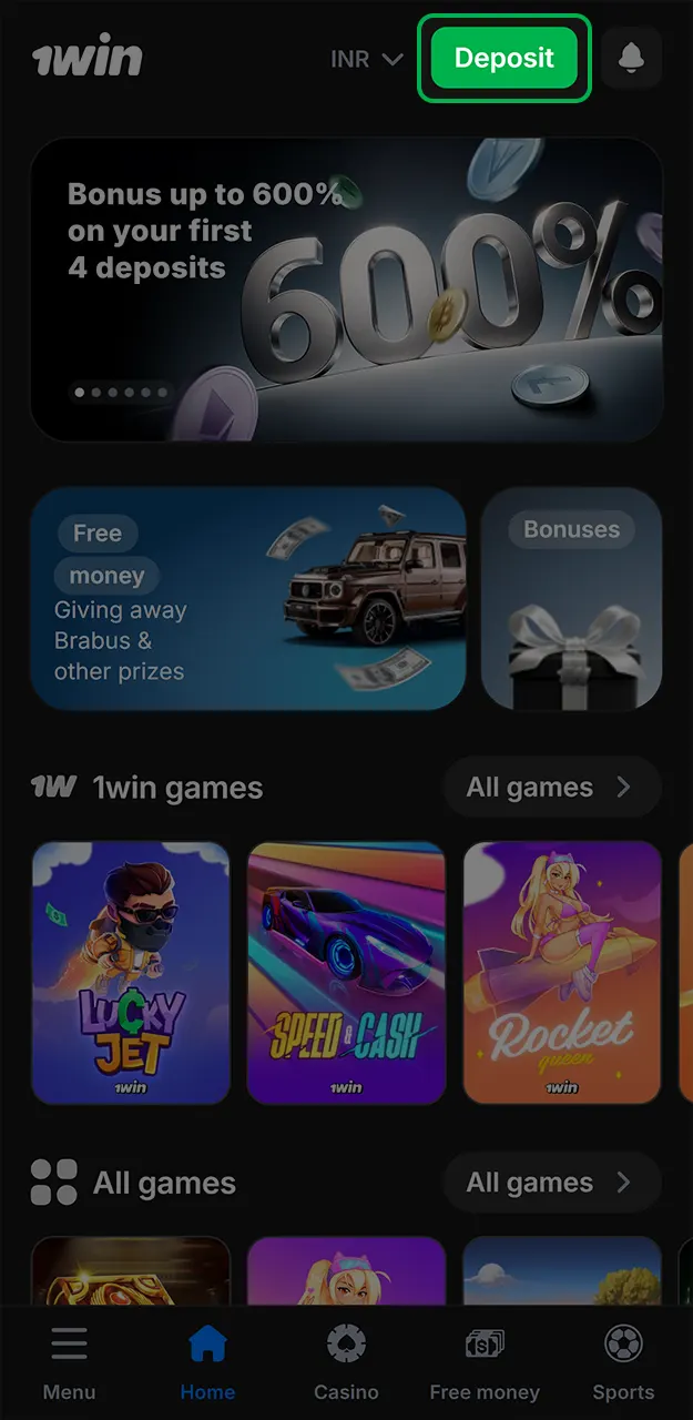 Navigate to the deposit area in your 1Win account to fund.