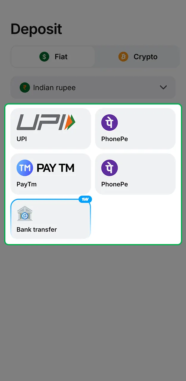 Choose a preferred local deposit method on the 1Win India site.