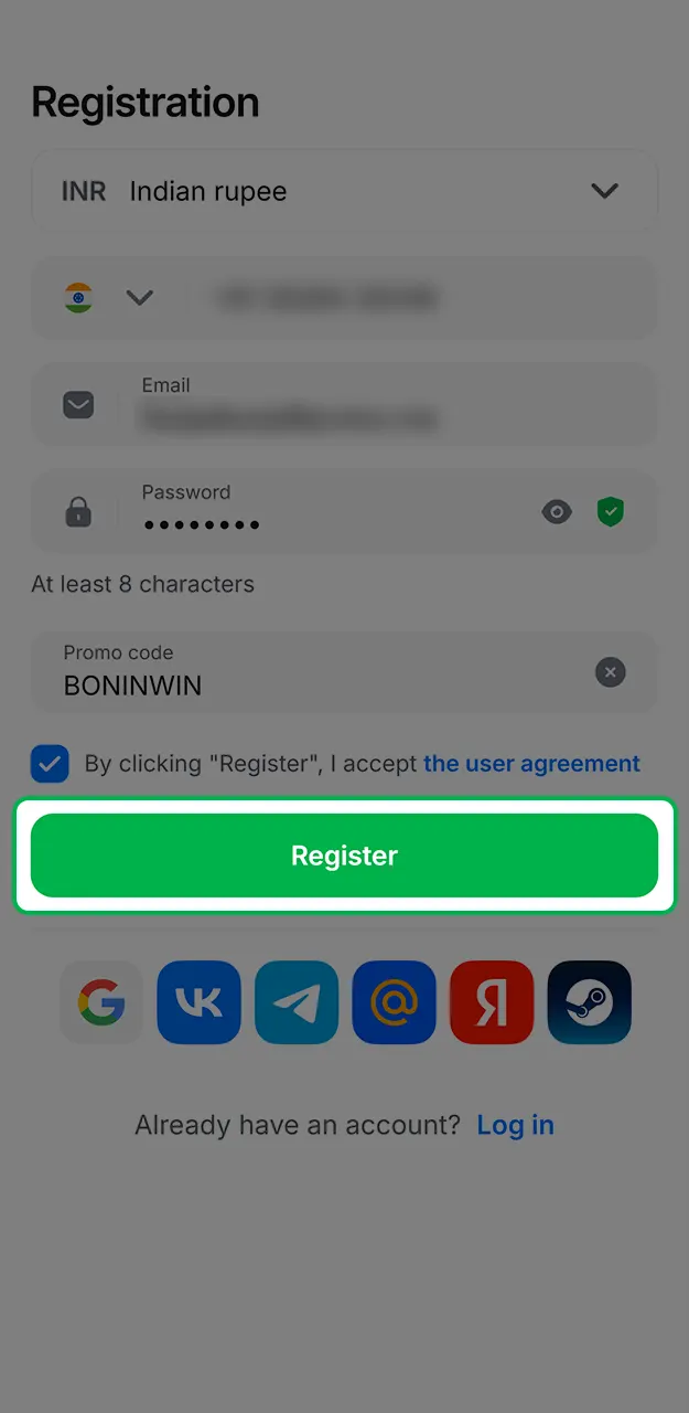 Finish the sign up to receive your 1Win bonus and play.