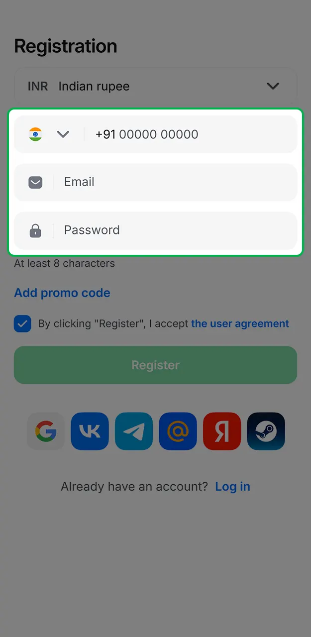 Provide your phone and email to proceed with 1Win registration now.
